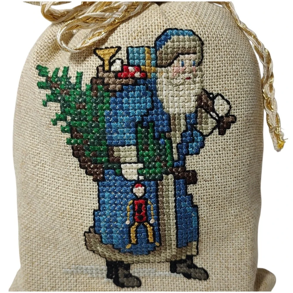 Finished Counted Cross Stitch Christmas Gift Bag Decorative Santa Claus Ten Inch